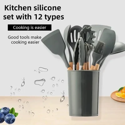 12pcs Wooden Silicone Kitchen Utensil Nonstick