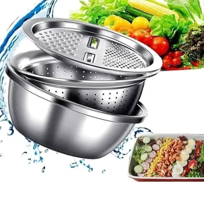 3 In 1 Multifunctional Stainless Steel Basin With Vegetable Cutter + Drain Basket
